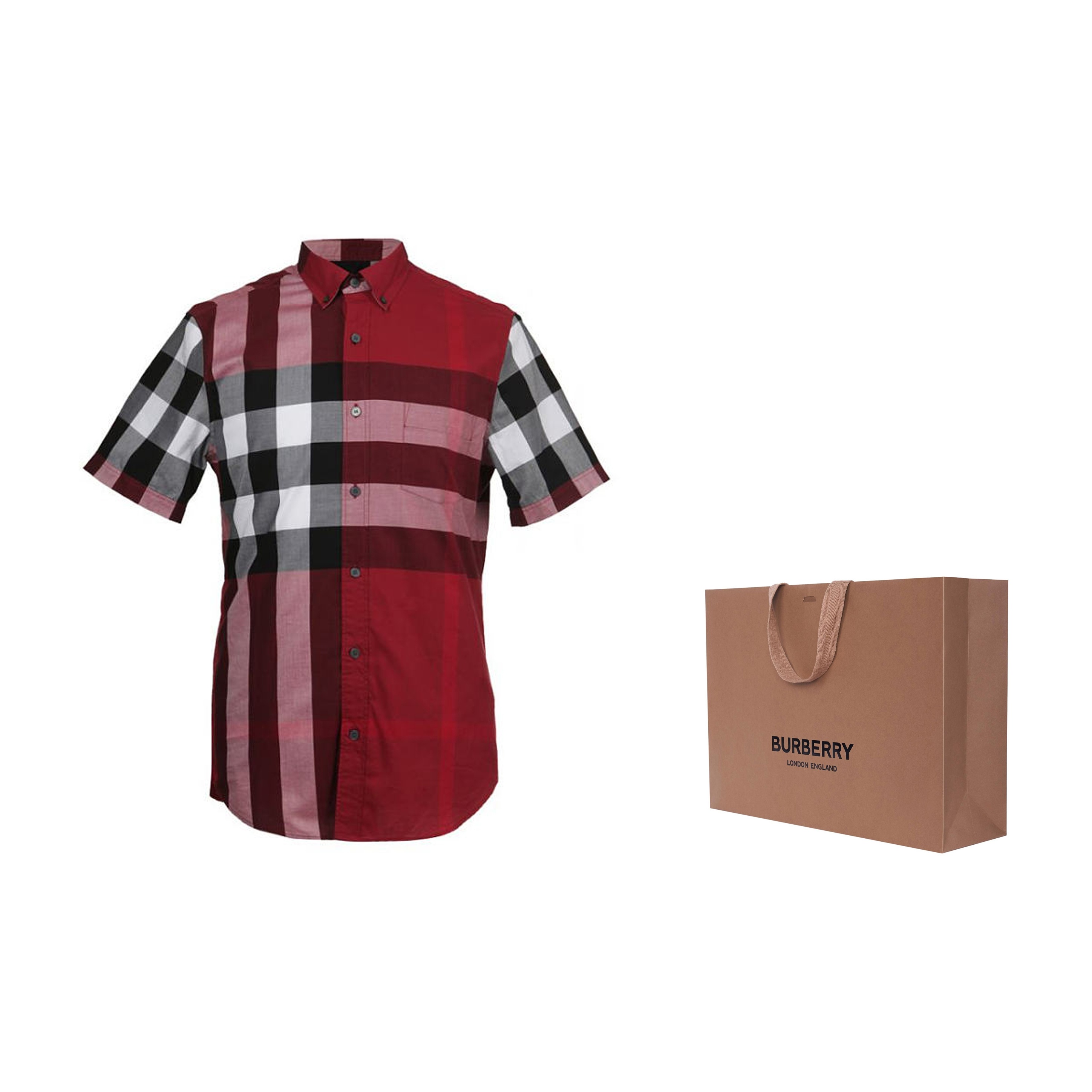 Burberry Men s Check Button Up Short Sleeve Shirt Red POIZON