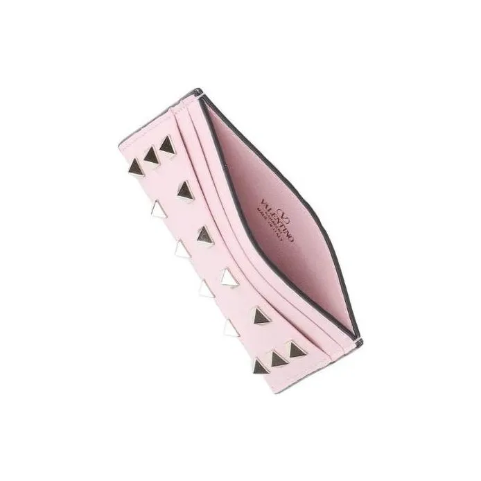 Valentino ROCKSTUD Leather Card Holder Wallet Women's Pink-2