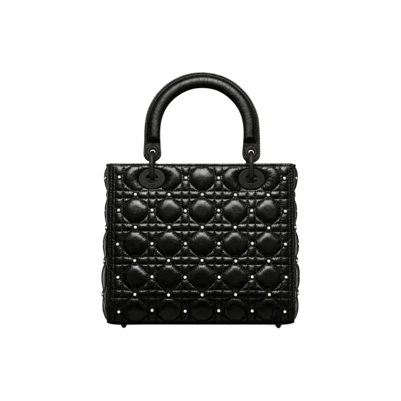 DIOR Lady Dior Pleated Lambskin Lady Dior Bag, One Shoulder Handbag Medium Size Women's Black-3