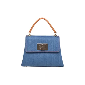 Furla 1927 Collection Cotton With Leather Shoulder Bag, Crossbody Bag, Handbag Mini Women's Mediterranean Blue