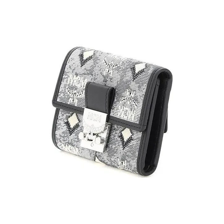 MCM Leather With Jacquard Fabric Wallet Mini Women's Gray-1