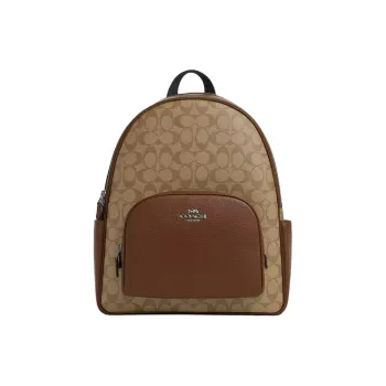 COACH Court Canvas With Leather Backpack Large Size Women's Khaki & Saddle Brown