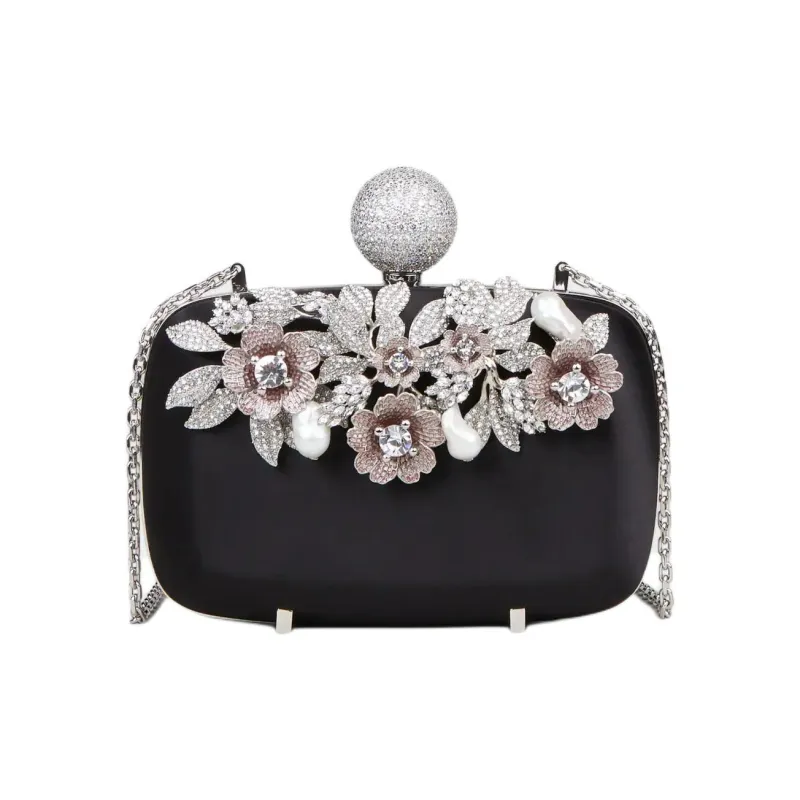 Roger Vivier BOITE DE NUIT Raffia Braided Satin One Shoulder Crossbody Clutches Women's Black-0