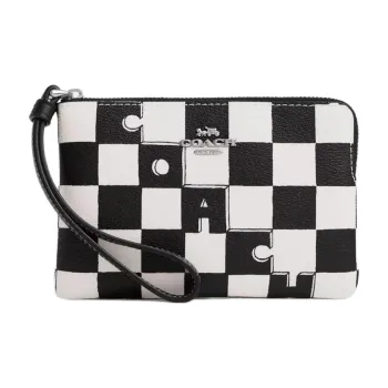 COACH Corner Zip Canvas With Leather Wallet Small Size Women's Black