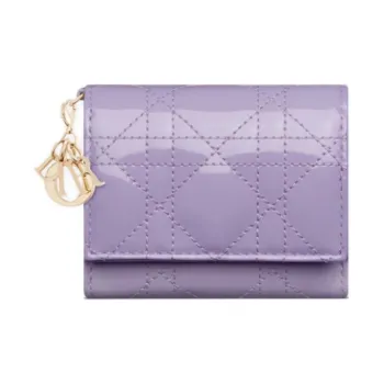 DIOR Lady Dior Patent Leather Wicker Pattern Calfskin Wallet Women's Light Purple