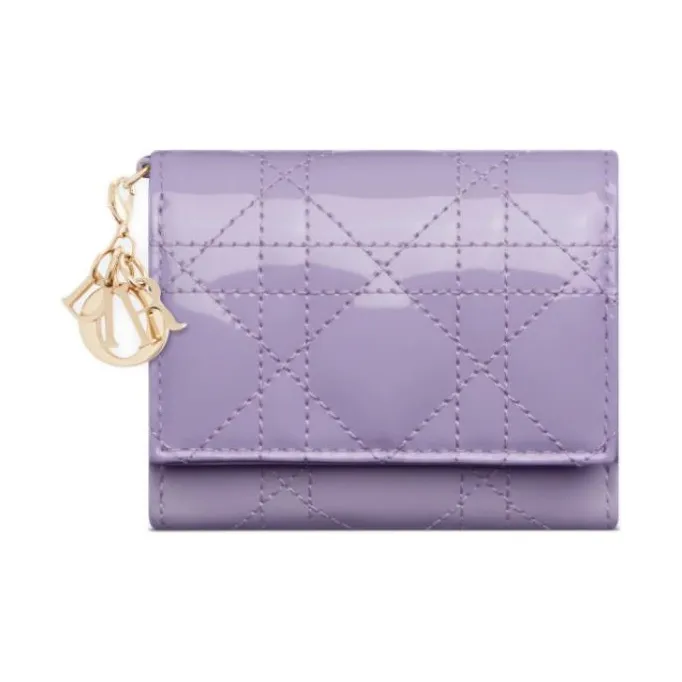 DIOR Lady Dior Patent Leather Wicker Pattern Calfskin Wallet Women's Light Purple-0