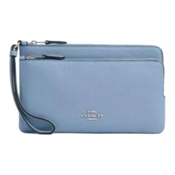 COACH Double Zip Wallet High-Quality Pebbled Leather Wrist Bags Clutches Small Size Women's Blue