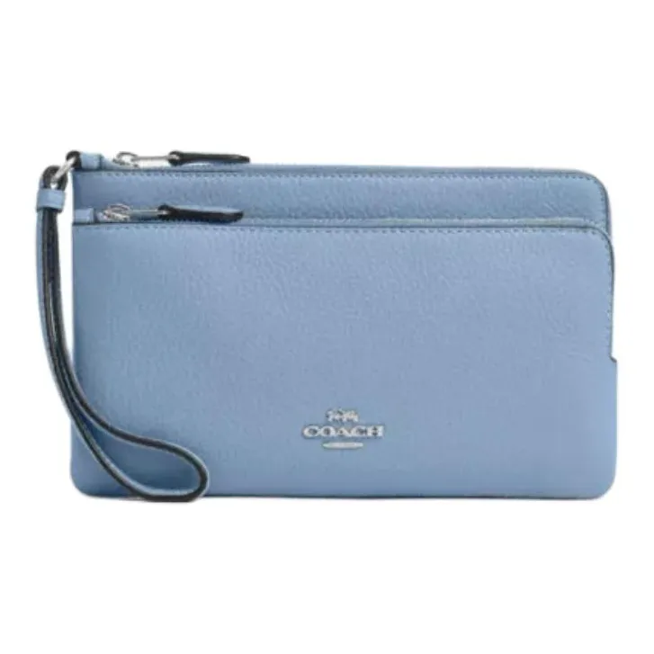 COACH Double Zip Wallet High-Quality Pebbled Leather Wrist Bags Clutches Small Size Women's Blue-0