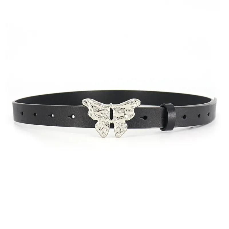 PISHUSHU Luxe Butterfly Clasp Snap Closure Cow Leather Leather Belts Women's Black Width 2.2cm-0