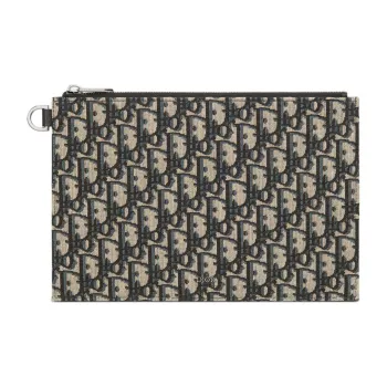 DIOR Oblique Printed Fabric With Grain Cow Leather Small Clutch Bag Men's Beige & Black