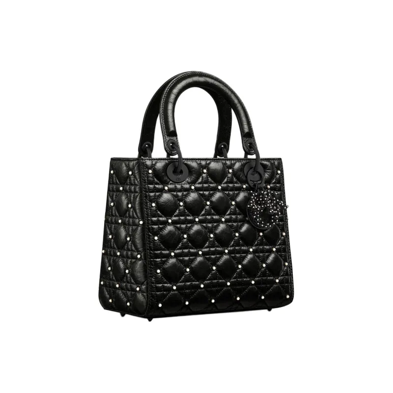 DIOR Lady Dior Pleated Lambskin Lady Dior Bag, One Shoulder Handbag Medium Size Women's Black-2