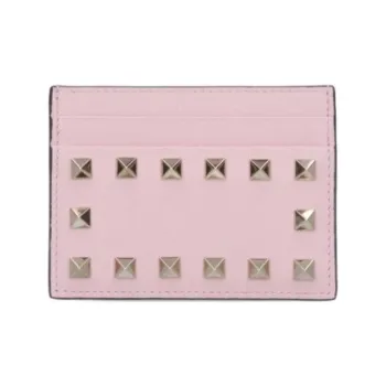 Valentino ROCKSTUD Leather Card Holder Wallet Women's Pink