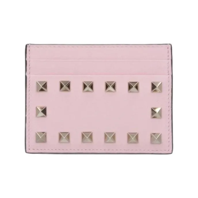 Valentino ROCKSTUD Leather Card Holder Wallet Women's Pink-0
