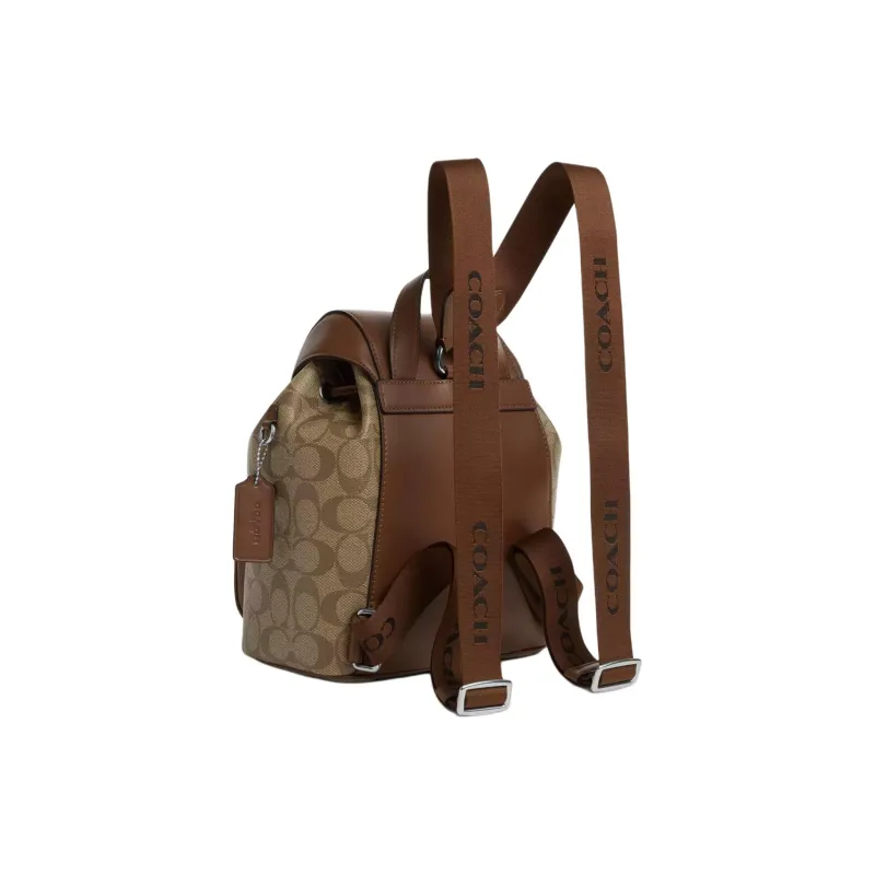 COACH Coated Canvas With Genuine Calfskin Backpack Small Size Women's Khaki & Saddle Brown-1