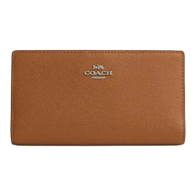 COACH Slim Wallet Cross-Stitch Leather Wallet Small Size Women's Brown-0
