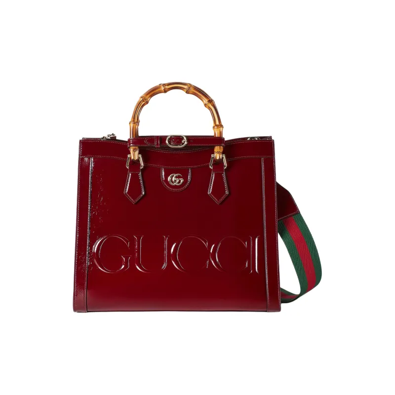 GUCCI Patent Leather Tote Bag Shopping Bag Shoulder Bag Handbag Medium Size Women's Deep Red-1