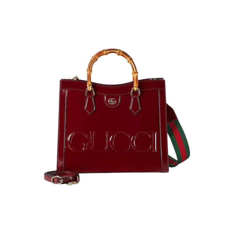 GUCCI Patent Leather Tote Bag Shopping Bag Shoulder Bag Handbag Medium Size Women's Deep Red-2