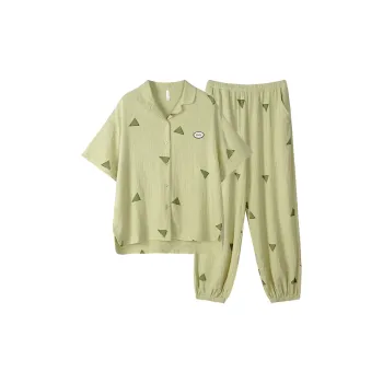 Same Language Pajama Set Women's Avocado Green Geometric Triangle