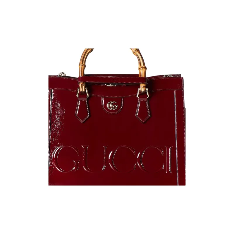 GUCCI Patent Leather Tote Bag Shopping Bag Shoulder Bag Handbag Medium Size Women's Deep Red-9