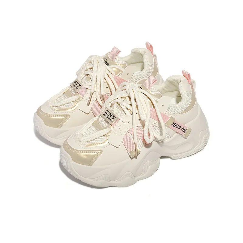 MKTKM Cushioned Water Resistant Height Increasing Low Top Chunky Sneakers Women's Beige-3
