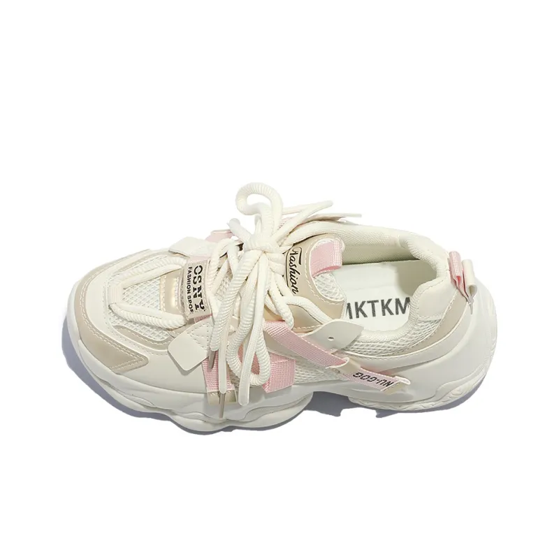 MKTKM Cushioned Water Resistant Height Increasing Low Top Chunky Sneakers Women's Beige-5