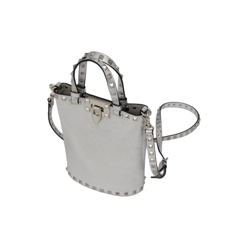 Valentino ROCKSTUD Grained Calfskin Shoulder Bag Crossbody Bag Handbag Mini Women's Silver-4