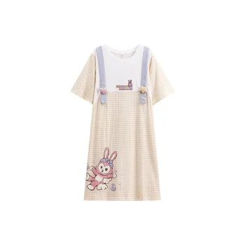 FENTENG Nightgown Women's Yellow Plaid