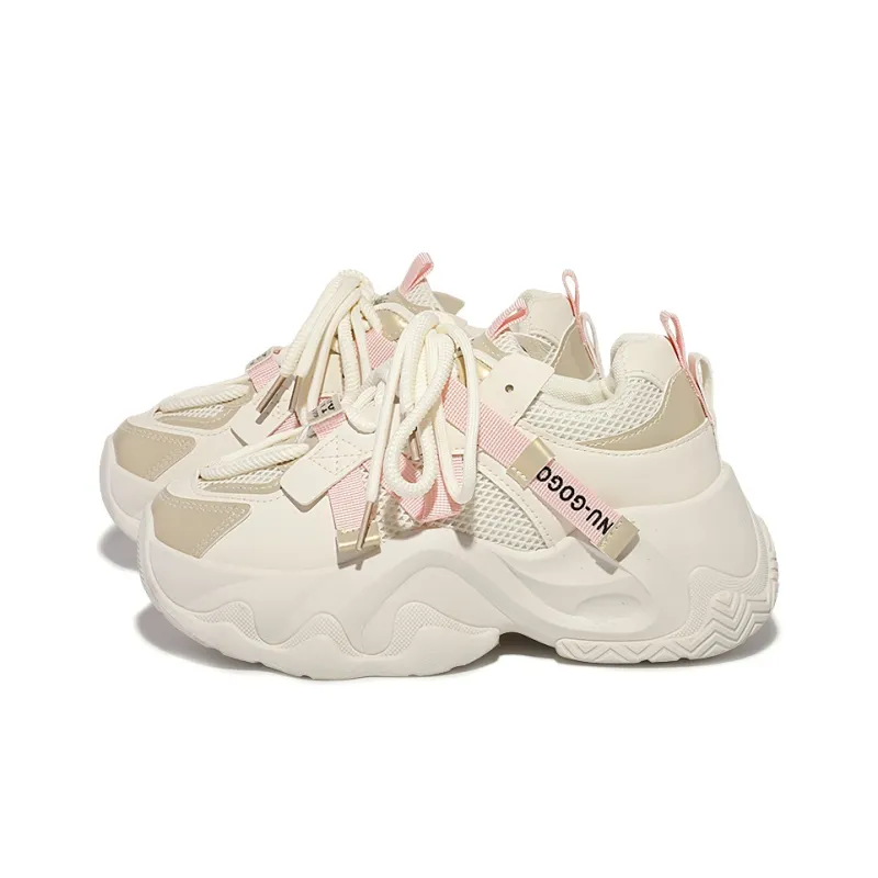 MKTKM Cushioned Water Resistant Height Increasing Low Top Chunky Sneakers Women's Beige-4