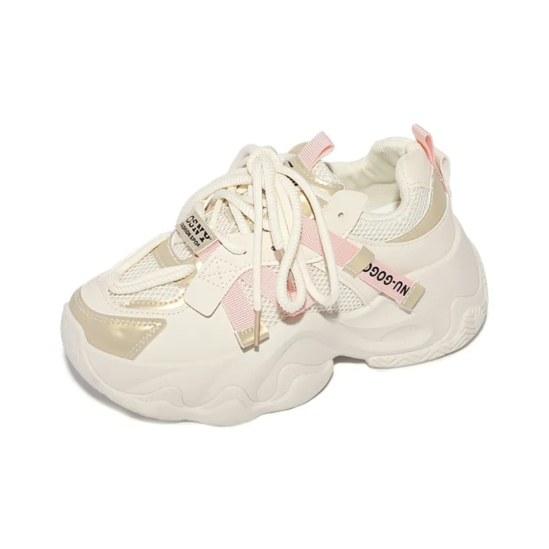 MKTKM Cushioned Water Resistant Height Increasing Low Top Chunky Sneakers Women's Beige-2