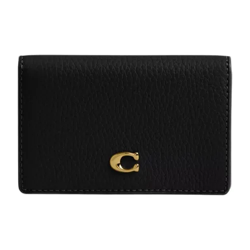 COACH Card Case Polished Pebble Leather Business Card Holder Mini Women's Black