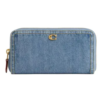 COACH Accordion Zip Denim Panel With Calfskin Wallet Small Size Women's Indigo