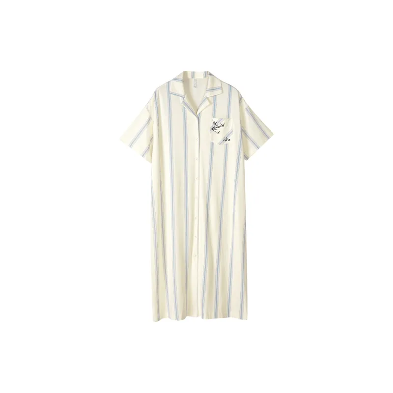 Same Language Nightgown Women's White Chrysanthemum Blue Vertical Stripes-0