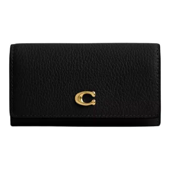 COACH Key Case Polished Pebbled Leather Key Pouch Mini Women's Brass & Black