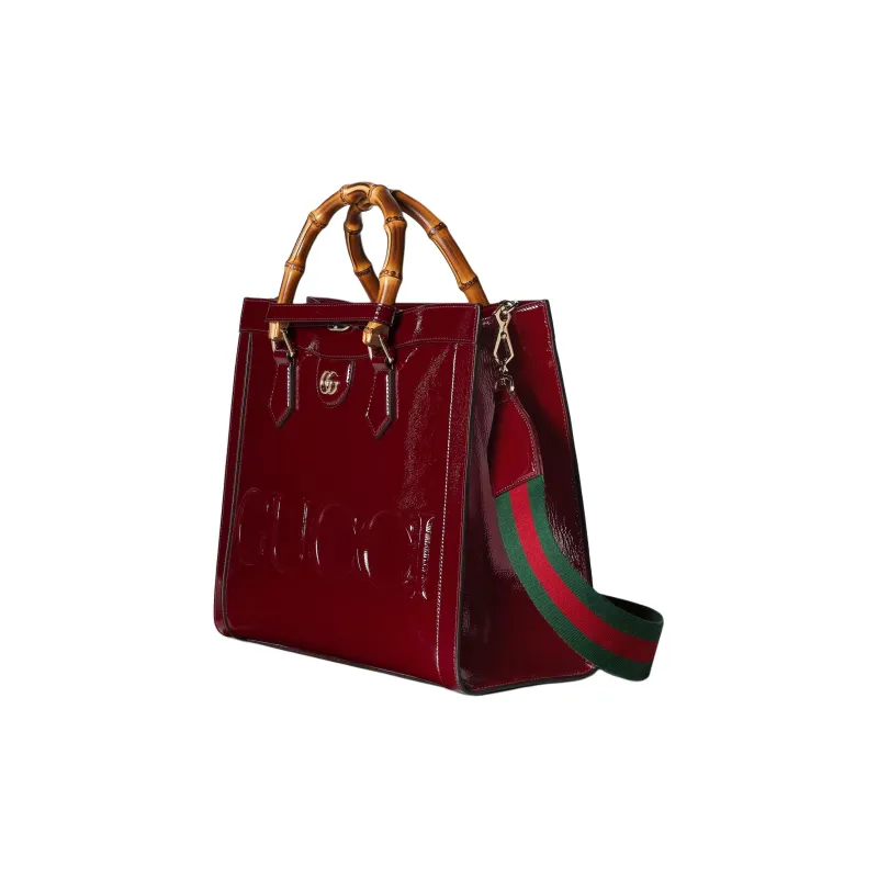 GUCCI Patent Leather Tote Bag Shopping Bag Shoulder Bag Handbag Medium Size Women's Deep Red-3