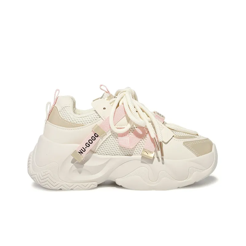 MKTKM Cushioned Water Resistant Height Increasing Low Top Chunky Sneakers Women's Beige-1