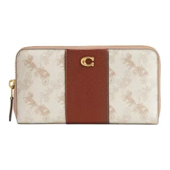 COACH Accordion Zip Coated Canvas With Polished Shell Pattern Leather Wallet Small Size Unisex White & Brown