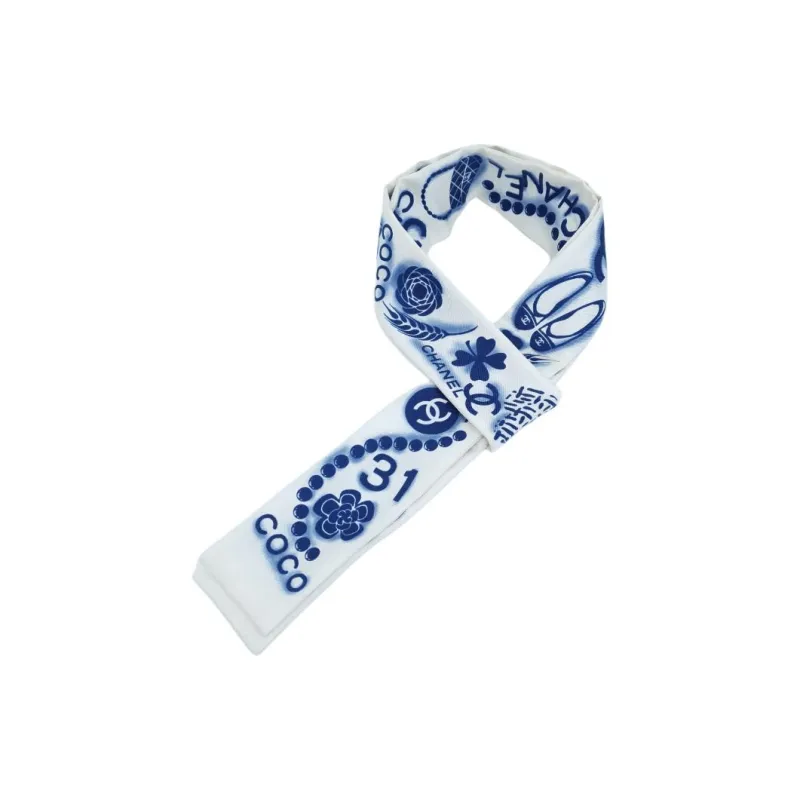CHANEL Silk Scarves Men's White Blue-3