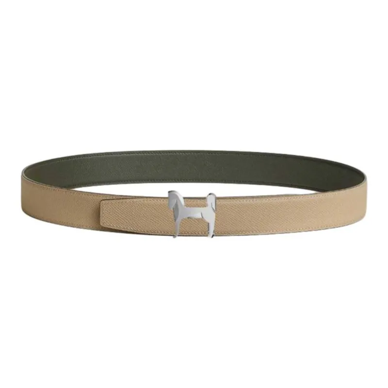 HERMES Double-Sided Design Leather Belts Men's Green/Beige Width: 3.2CM-1