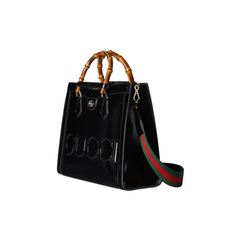 GUCCI Diana Patent Leather Tote Bag Shopping Bag Shoulder Bag Handbag Medium Size Women's Black-3