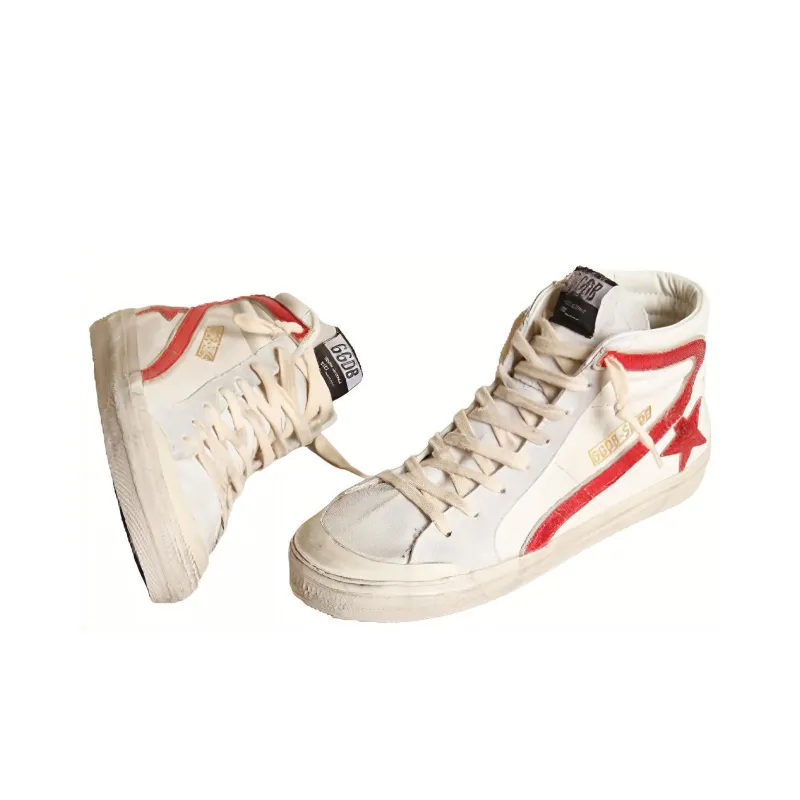 Golden Goose Slide High Top Skateboard Shoes Women's White Red-2