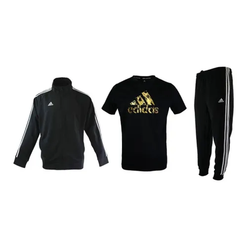 Adidas Casual Sportswear Men Set Black Base With White Stripes Coats+Black/Gold T-Shirts+Black Pants