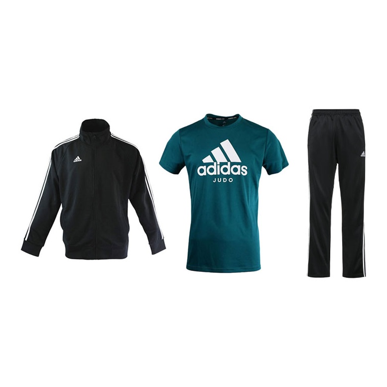 adidas sneaker Casual Sportswear Men Set Black Base With White Stripes Coats Green White T Shirts Black White Pants POIZON