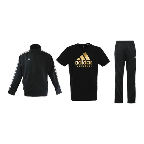 Adidas Casual Sportswear Men Set Black Base With White Stripes Coats+Black/Gold T-Shirts+Black/White Pants