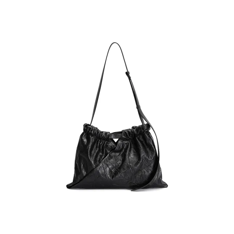 COCOEVA Top Grain Cow Leather Large Capacity Drawstring Shoulder Bag Regular Women's Black-2