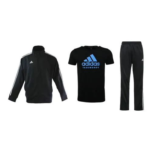 Adidas Casual Sportswear Men Set Black Base With White Stripes Coats+Black T-Shirts+Black/White Pants