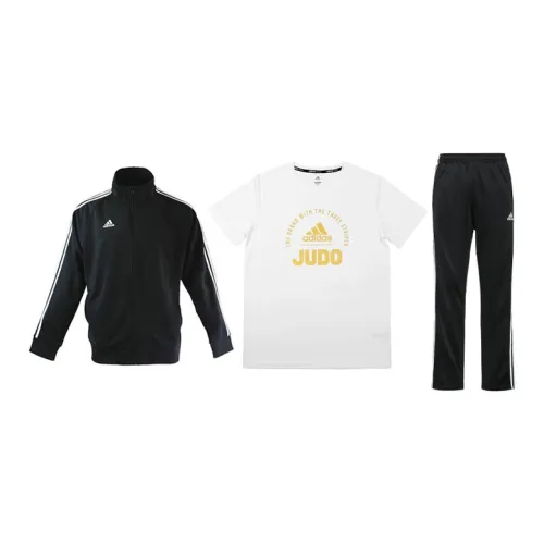 Adidas Casual Sportswear Men Set Black Base With White Stripes Coats+White T-Shirts+Black/White Pants