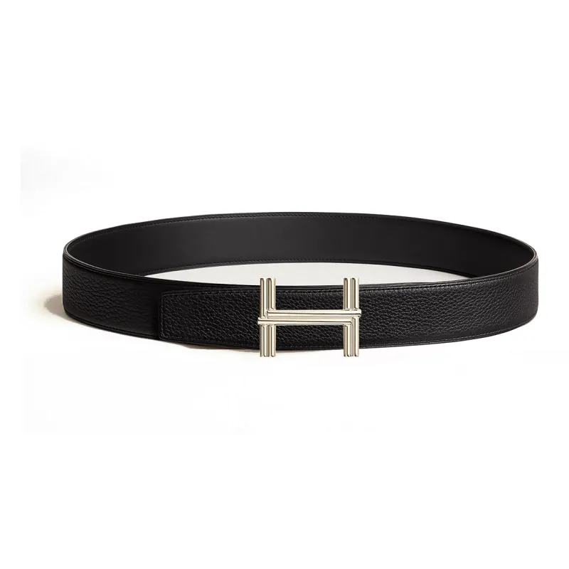 HERMES Brass Metal Leather Calfskin Leather Belts Men's Black Width  3.8cm-1