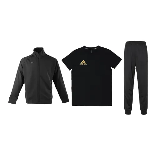 Adidas Casual Sportswear Men Set Black Coats+Black Gold T-Shirts+Black Pants