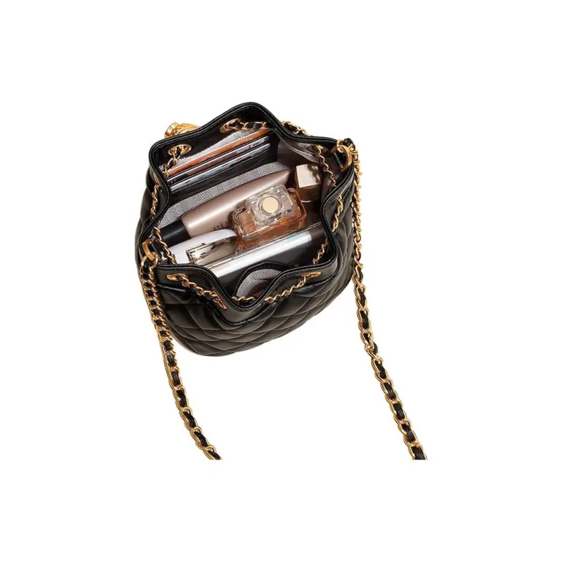 TOUCH MISS Cow Leather Bucket Bags Shoulder Bag Crossbody Bag Small Size Women's Black-5