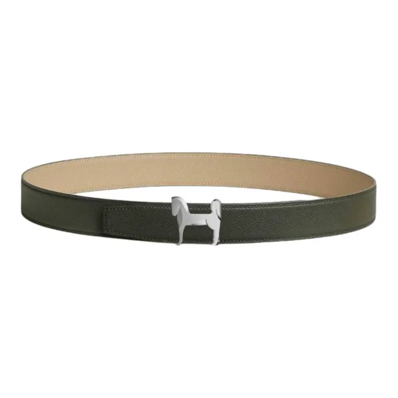 HERMES Double-Sided Design Leather Belts Men's Green/Beige Width: 3.2CM-0
